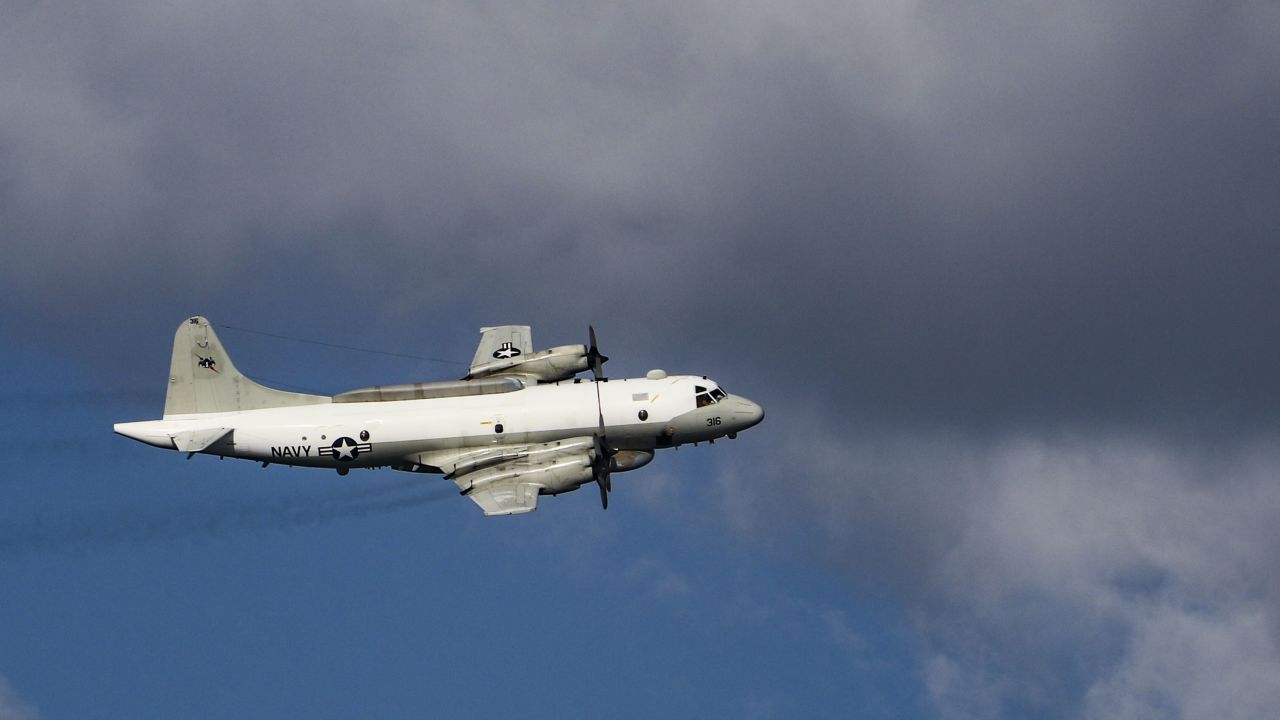 A US Navy EP-3E reconnaissance plane flies over the Mediterranean Sea in 2019.