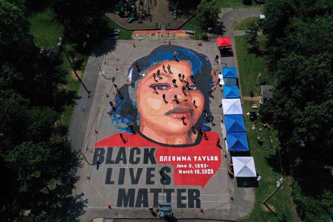 An aerial view of a large-scale ground mural depicting Breonna Taylor in Annapolis, Maryland. 