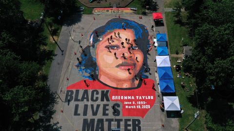 An aerial view of a large-scale ground mural depicting Breonna Taylor in Annapolis, Maryland. 