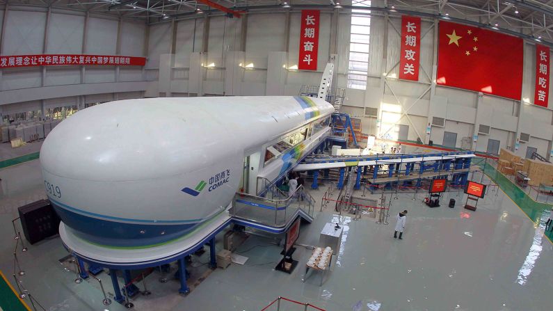 <strong>Testing:</strong> This photo from 2013 shows Comac's "iron bird" test platform, a plane-like fuselage simulator,  in a hangar at the COMAC Shanghai Aircraft Design and Research Institute. 