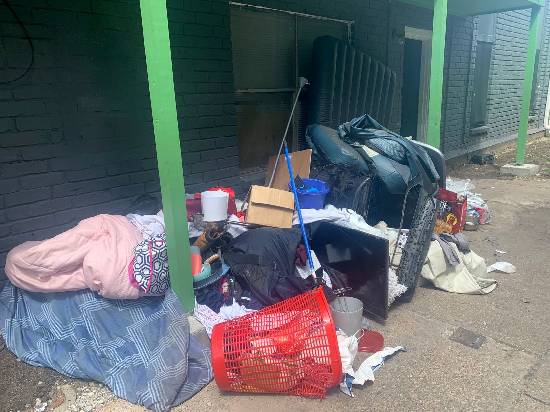 Belongings are piled outside an apartment in Houston. When the eviction takes place, everything gets put out and if unclaimed, it's all thrown away.