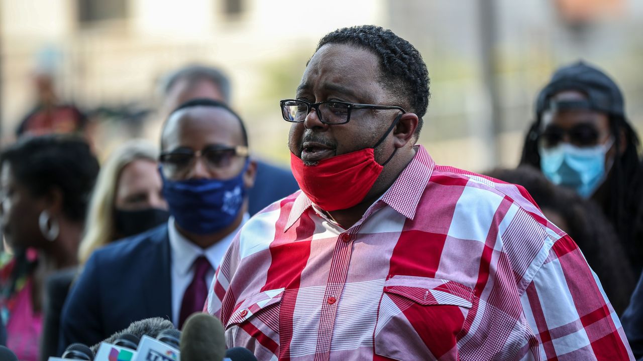 Jacob Blake's father speaks during the press conference in front of the Kenosha County Courthouse on August 25.