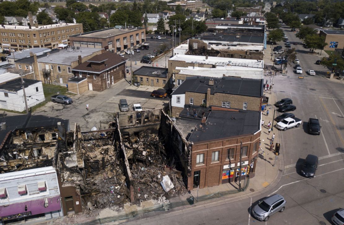 This Aug. 28 aerial photo shows damage to businesses in Kenosha.
