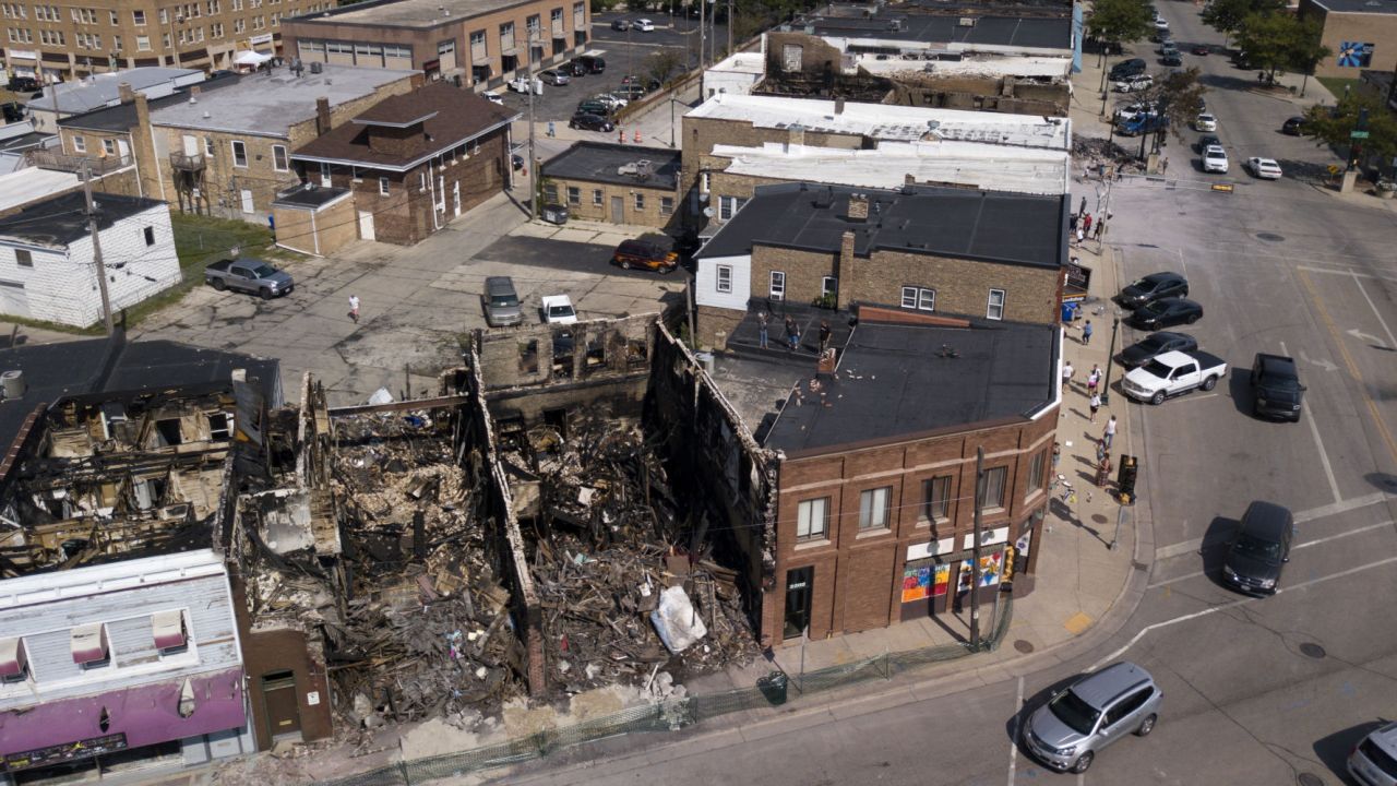 This Aug. 28 aerial photo shows damage to businesses in Kenosha.