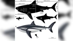 A Computational reconstruction of Megalodon's size and proportions at different life stages: a) 16 m adult with 12 estimated body dimensions recorded; b) 3 m new-born and c) 8 m juvenile.