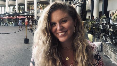 Julie Gallagher, here at a Washington DC restaurant in August 2020, now enjoys sharing a meal -- or mojitos -- with her mom.