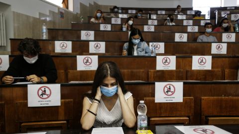 Socially distanced students take an aptitude test for the University of Medicine in Rome, Italy, on September 3.