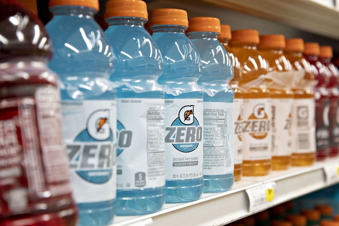 Bottles of Gatorade Zero beverages sit on display for sale at a supermarket. Gatorade Zero was the brand's first sugarless beverage and is expected to hit nearly $1 billion in sales this year.