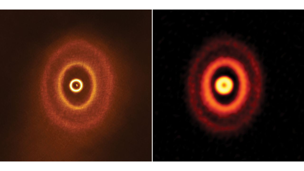 These images, captured in 2018 (left) and 2017 of GW Orionis show its misaligned rings.
