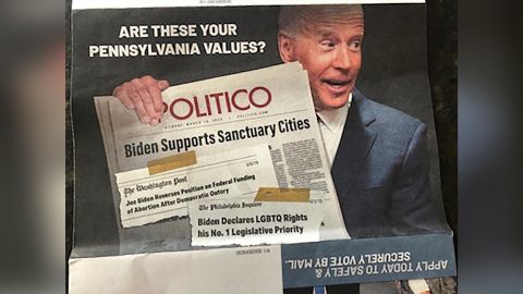 The Pennsylvania mailer also includes a doctored image of Democratic presidential candidate Joe Biden holding a Politico newspaper with a headline that never appeared claiming, falsely, that Biden supports sanctuary cities.