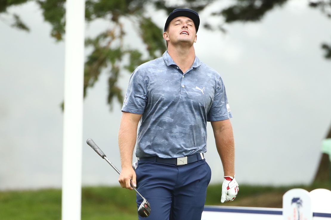 DeChambeau reacts to his drive on the 16th hole during the final round of the 2020 PGA Championship.