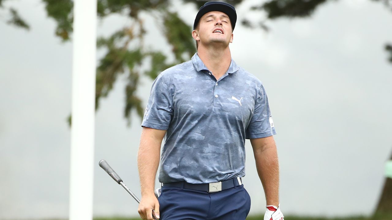 DeChambeau reacts to his drive on the 16th hole during the final round of the 2020 PGA Championship.