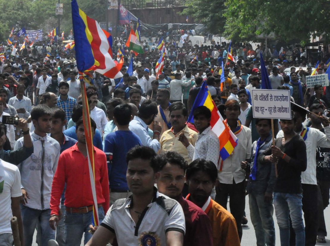 Dalits protest a Supreme Court order affecting their rights on April 2, 2018, in Agra, India. 
