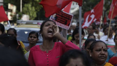 Members of Dalit groups shout slogans during a protest in Mumbai, India, Monday, April 2, 2018. Violence erupted in parts of north and central India as thousands of Dalits, members of Hinduism's lowest caste, protested an order from the country's top court that they said diluted legal safeguards put in place for their marginalized community. 