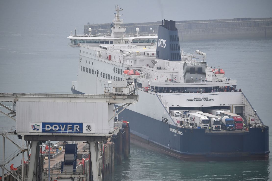 A ferry docks at the port of Dover in southeast England on August 14.