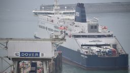 A DFDS ferry moors at the port of Dover in southeast England on August 14, 2020. - British holidaymakers faced a scramble to get home today after the government said it will reimpose a 14-day quarantine for travellers from France and the Netherlands, prompting Paris to quickly announce a "reciprocal measure". (Photo by Ben STANSALL / AFP) (Photo by BEN STANSALL/AFP via Getty Images)