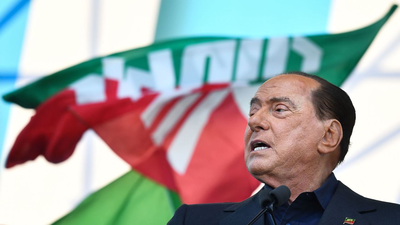 Leader of Italy's liberal-conservative party Forza Italia, Silvio Berlusconi speaks during a rally of Italy's far-right League party, conservative Brothers of Italy party and Forza Italia party against the government on October 19, 2019 in Rome. - Italy's strongman Matteo Salvini holds a key rally in Rome on October 19 aimed at re-launching the Italian right and making a power-grab for the capital. Some eight special trains and 400 coaches transported supporters from across the country for the "Italian Pride" demonstration. (Photo by Tiziana FABI / AFP) (Photo by TIZIANA FABI/AFP via Getty Images)