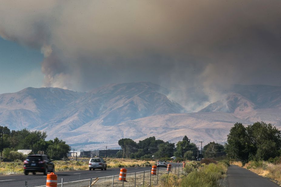 Haze and smoke blanket the sky near Naches, Washington, as the Evans Canyon Fire burns on September 3, 2020.