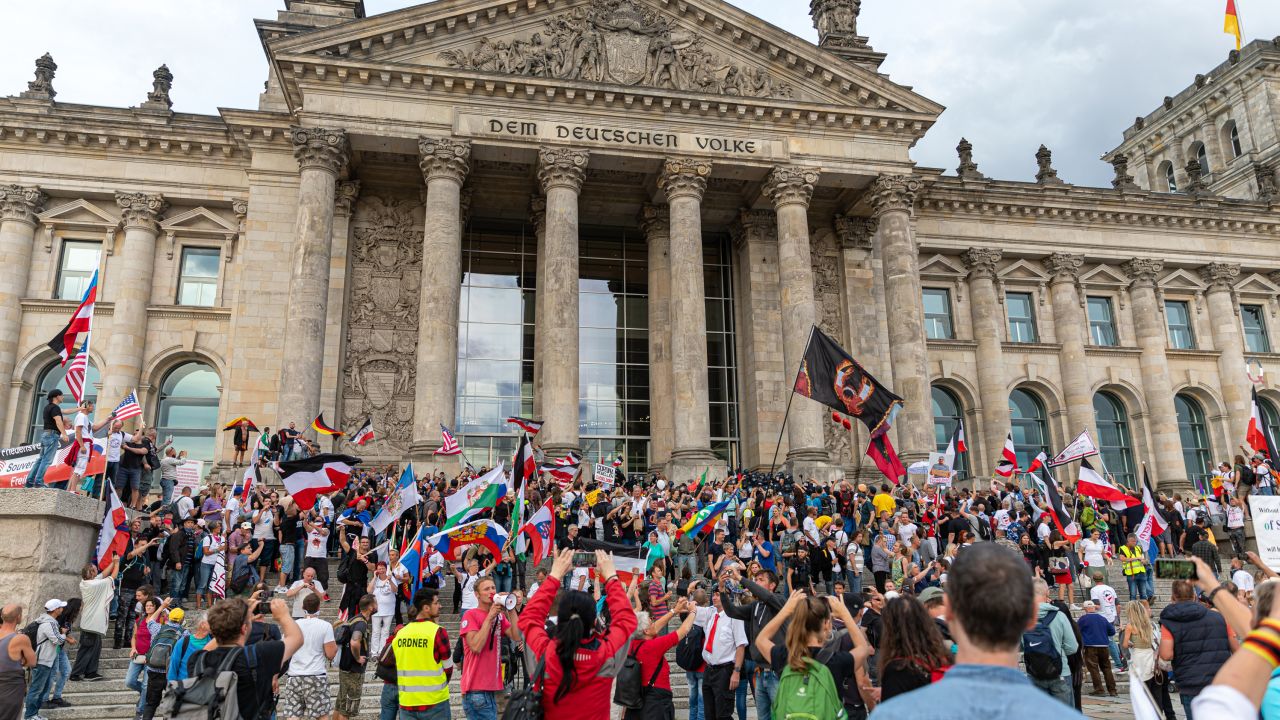 Protesters in Berlin last weekend held up imperial banners and QAnon signs.