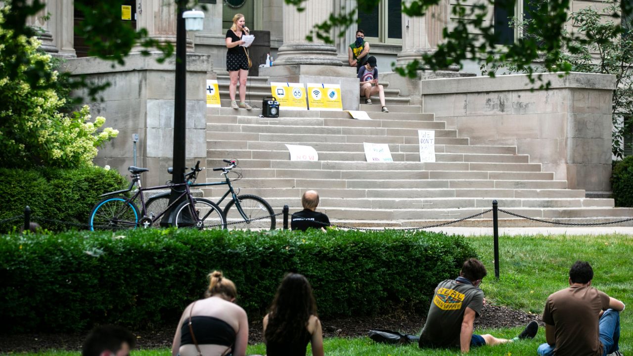 University of Iowa student Eva Sileo speaks during a protest against in-person classes amid the novel coronavirus pandemic on Friday, Aug. 28, 2020.