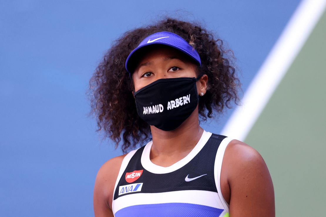 Naomi Osaka wore a mask with the name Ahmaud Arbery on it at the US Open on Friday. 