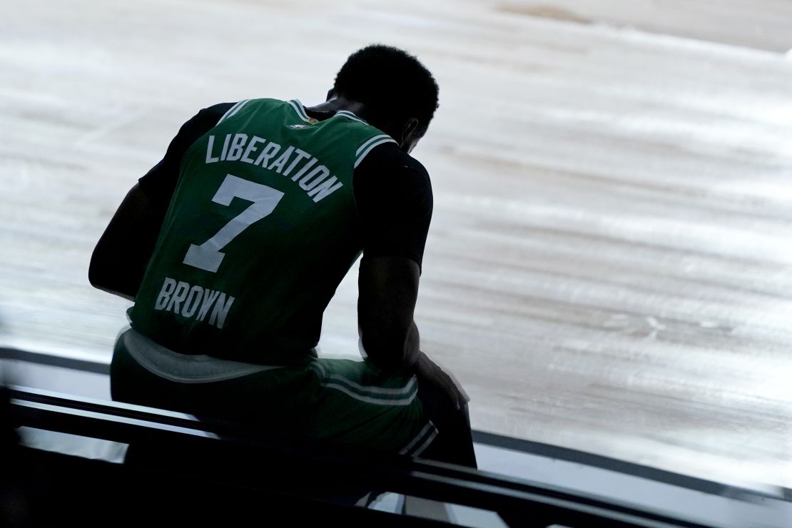 Jaylen Brown sees 'a black man being shot seven times in the back' when looking at his shirt.