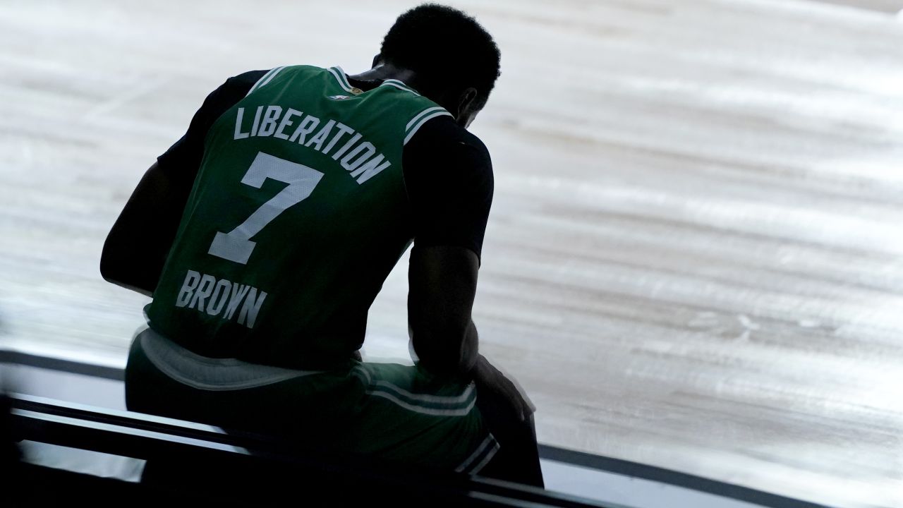 Jaylen Brown sees 'a black man being shot seven times in the back' when looking at his shirt.