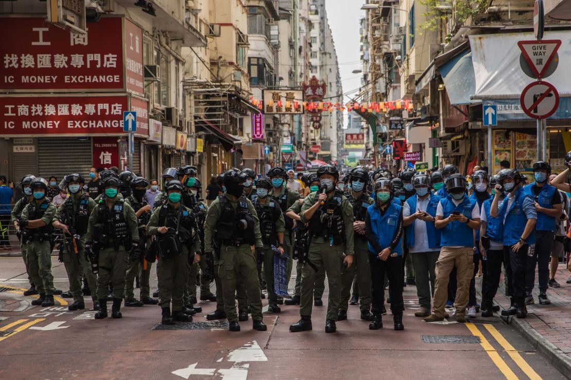 Police patrol an area in Hong Kong after protesters assembled on September 6.