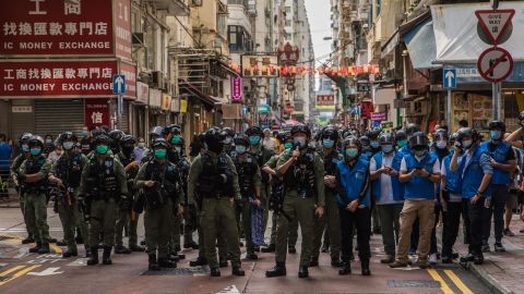 Police patrol in Hong Kong on September 6, 2020 amid protests over the government's decision to postpone elections due to  coronavirus, and the national security law.
