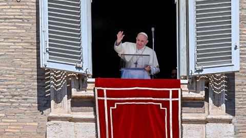 Pope Francis waves to worshipers in St. Peter's Square on September 6.
