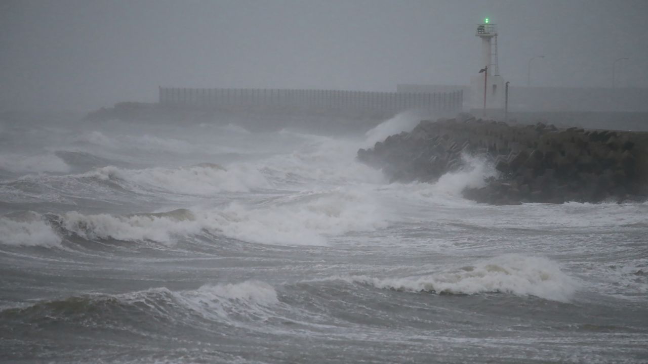 Waves caused by Typhoon Haishen crash on the coast of Shikanoshima island, Fukuoka prefecture, on September 7, 2020.
