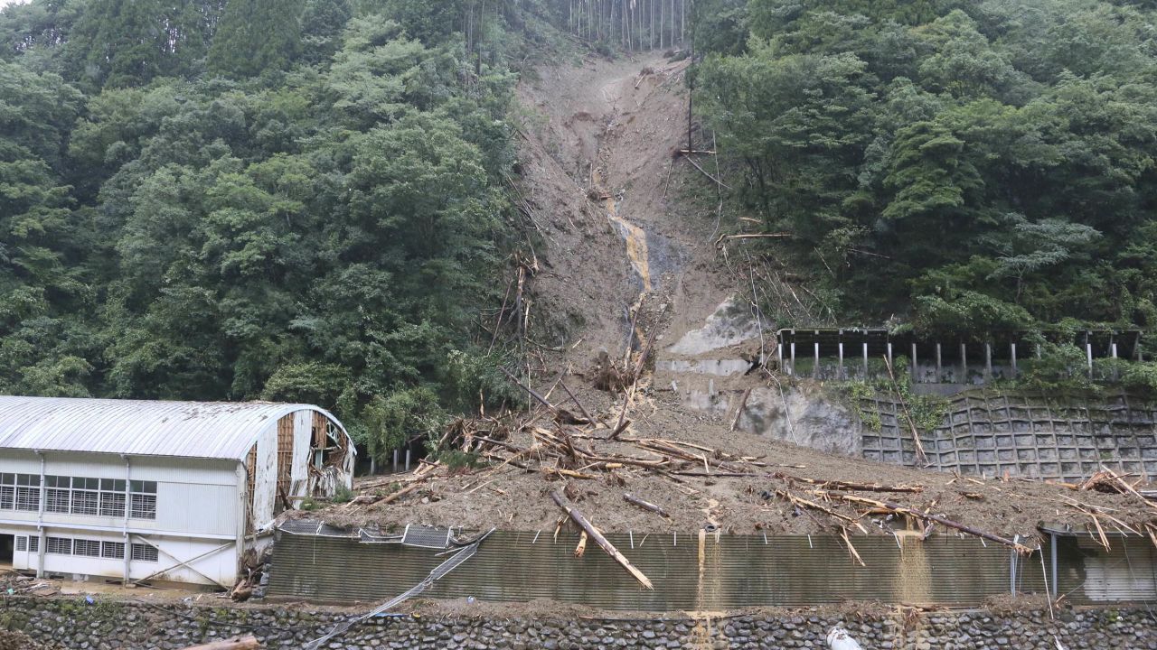 A photo shows the landslide site where four people are missing due to the Typhoon Haishen in Shiiba Village, Miyazaki prefecture, southwestern Japan, on September 7, 2020. 