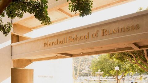 A sign for USC's Marshall School of Business.