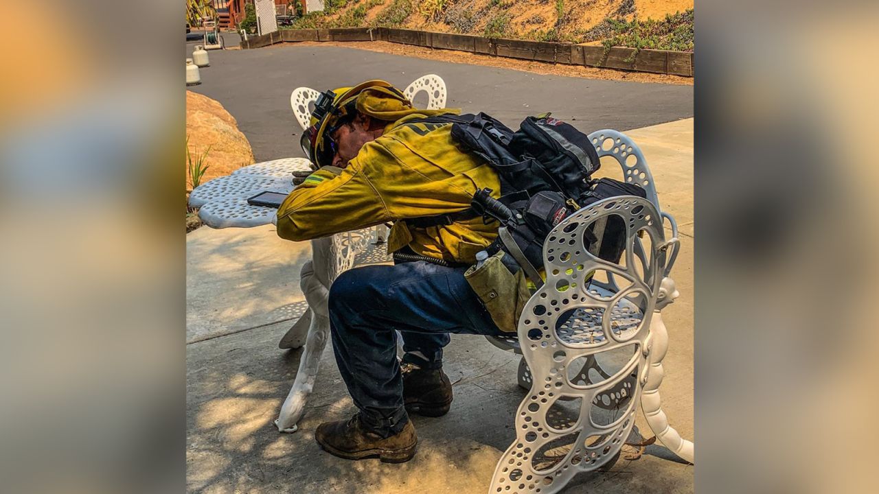 Lakeside Fire Engineer Danny Leetch has a quick rest before continuing the fight on the Valley Fire.