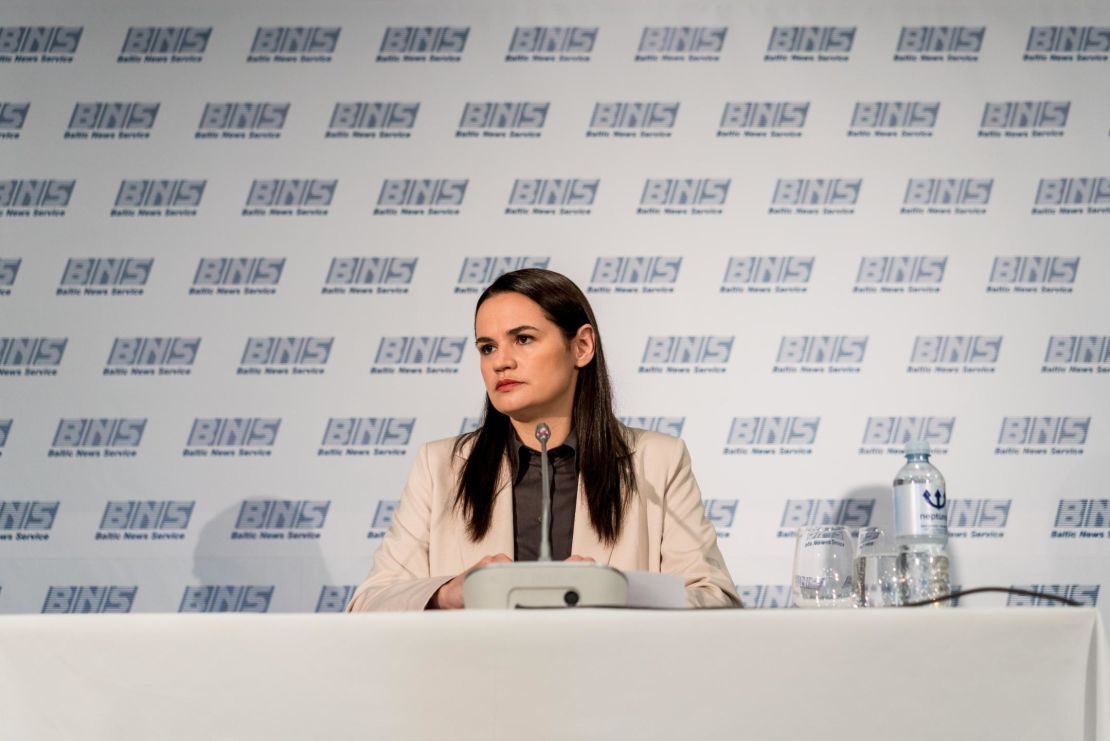 Exiled opposition politician Svetlana Tikhanovskaya makes her first public appearance in Vilnius, Lithuania in August 2020 after fleeing Belarus.