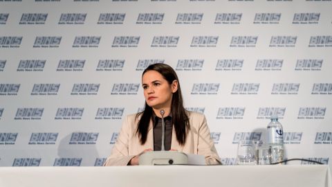 Exiled opposition politician Svetlana Tikhanovskaya makes her first public appearance in Vilnius, Lithuania in August 2020 after fleeing Belarus.