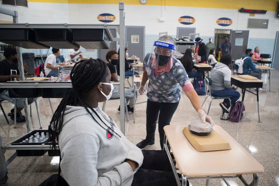 High school students in Seaford, Delaware, are given lunch at their desks on September 8.