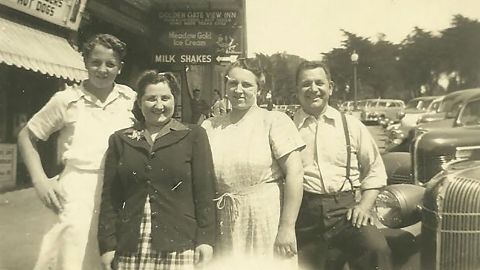 Pictured from left to right are Jim Hontalas, Rachel Lelchuk, Helen Hontalas and Louis Hontalas, outside Louis' Restaurant circa 1946.