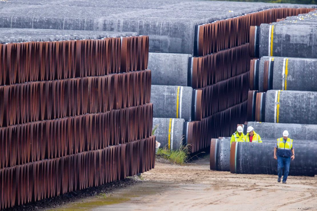 Stacked pipes for Nord Stream 2 on the German island of Rügen, where ships are prepared for further construction of the pipeline.