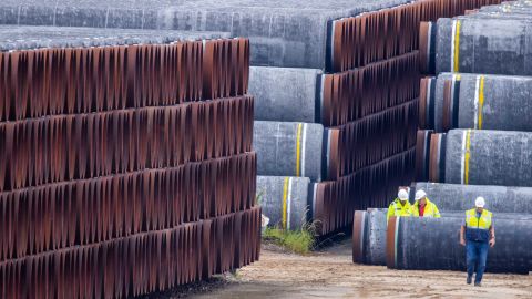 Stacked pipes for Nord Stream 2 on the German island of Rügen, where ships are prepared for further construction of the pipeline.