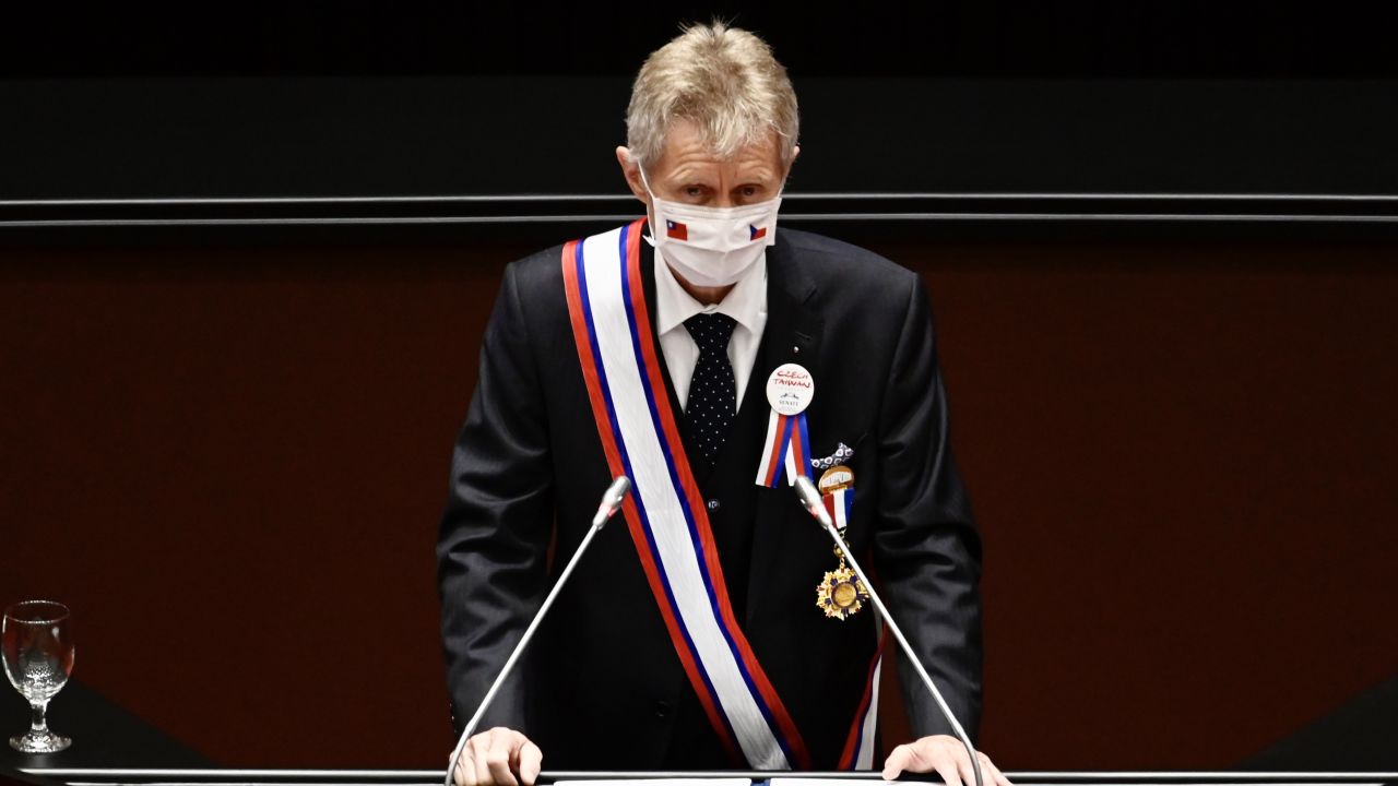 Czech Senate speaker Milos Vystrcil delivers a speech at the parliament in Taipei on September 1, 2020.