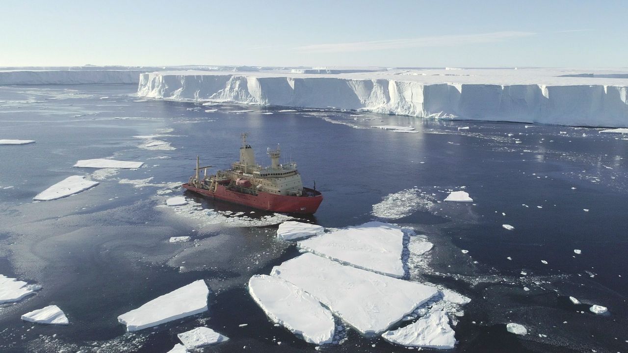 The US research ship at the ice front, in a photo captured from a drone.