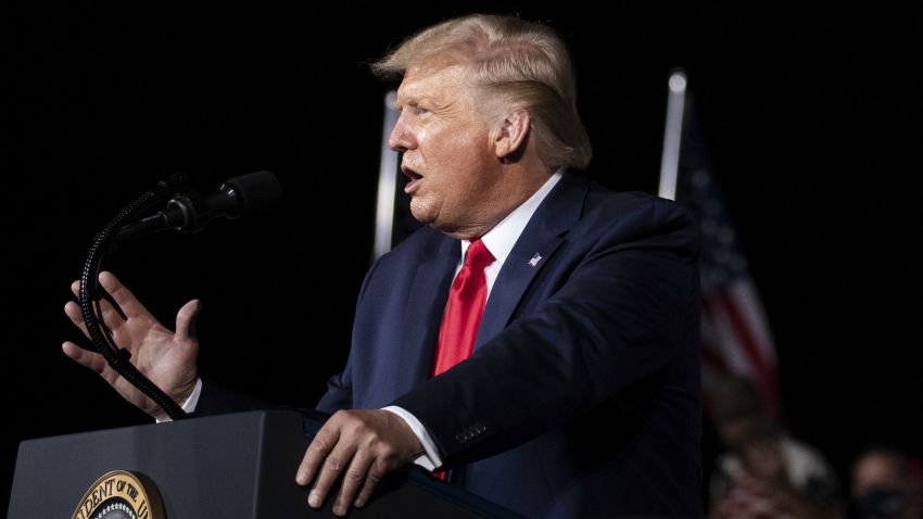 U.S. President Donald Trump speaks during a campaign rally in Winston-Salem, North Carolina, U.S., on Tuesday, Sept. 8, 2020. Trump has discussed spending as much as $100 million of his own money on his re-election campaign, if necessary, to beat Democratic nominee Joe Biden, according to people familiar with the matter. Photographer: Logan Cyrus/Bloomberg via Getty Images