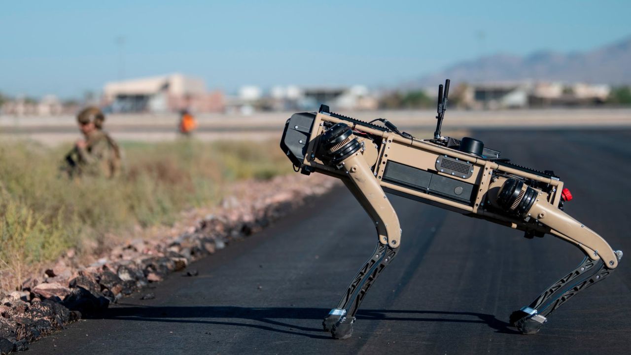 A Ghost Robotics Vision 60 prototype operates at Nellis Air Force Base, Nevada, on September 3.
