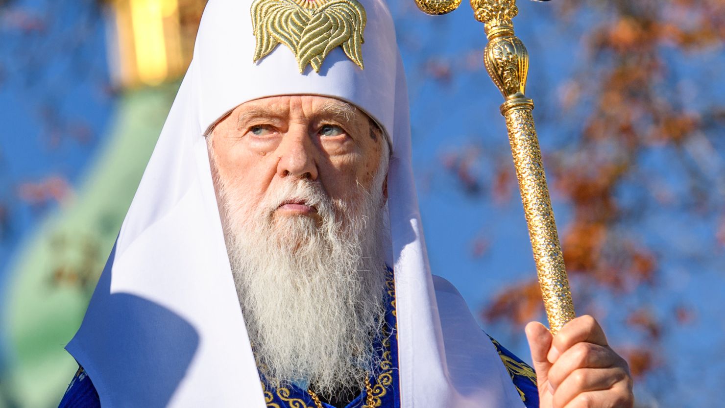 Patriarch Filaret in front of the St. Sophia Cathedral in Kiev in October 2018.