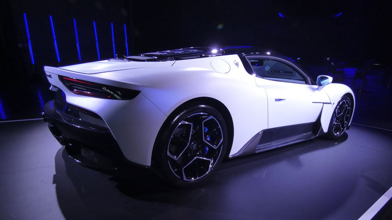 The Maserati MC20 has no obvious rear wing, but a slight rise at the back of the car helps keep it pinned to the road.