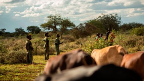 Wildlife rangers keep their distance from local herders while interviewing them for information.