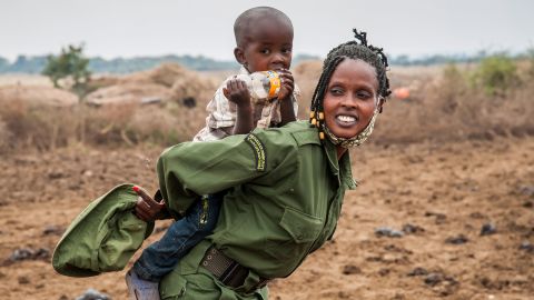 After four months in the field Ruth Sekeita Losiaik a member of the IFAW-supported Team Lioness, was reunited with her two-year-old son Bonham Shirim.