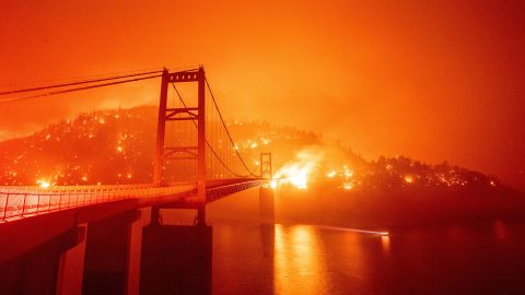 Fire surrounds the Bidwell Bar Bridge in the Oroville area on Wednesday.  