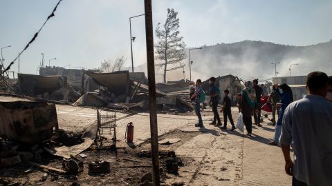 Smoke rises at the burnt camp of Moria on the island of Lesbos on Wednesday the morning after a major fire broke out.